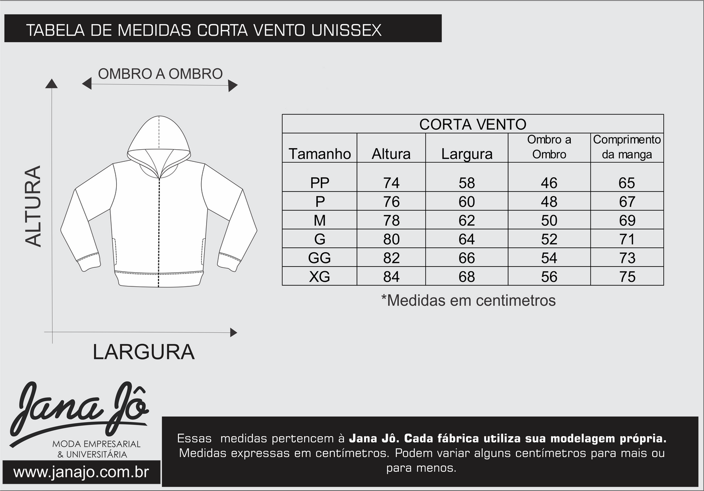 Tabela de medidas Corta Vento — Jana Jô